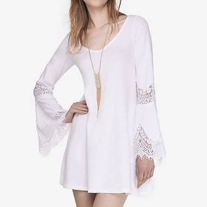 White lace inset trapeze dress with bell sleeves